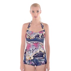Modern Abstract Painting Boyleg Halter Swimsuit  by NouveauDesign