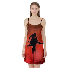 Dancing Couple On Red Background With Flowers And Hearts Satin Night Slip by FantasyWorld7