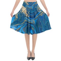 Ocean Blue Gold Marble Flared Midi Skirt by NouveauDesign