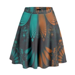 Beautiful Teal And Orange Paisley Fractal Feathers High Waist Skirt by jayaprime