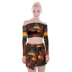 Dragon Legend Art Fire Digital Fantasy Off Shoulder Top With Mini Skirt Set by Celenk