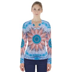 Clean And Pure Turquoise And White Fractal Flower V-neck Long Sleeve Top by jayaprime