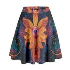 Beautiful Fiery Orange & Blue Fractal Orchid Flower High Waist Skirt by jayaprime