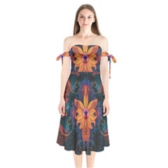Beautiful Fiery Orange & Blue Fractal Orchid Flower Shoulder Tie Bardot Midi Dress by jayaprime