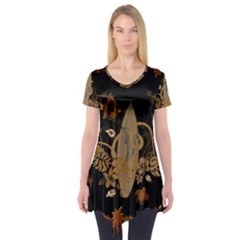 Hawaiian, Tropical Design With Surfboard Short Sleeve Tunic  by FantasyWorld7