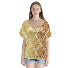 Vintage,gold,damask,floral,pattern,elegant,chic,beautiful,victorian,modern,trendy V-neck Flutter Sleeve Top by NouveauDesign