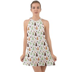 Reindeer Christmas Tree Jungle Art Halter Tie Back Chiffon Dress by patternstudio