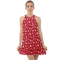 Red Christmas Pattern Halter Tie Back Chiffon Dress by patternstudio