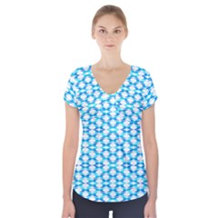 Fabric Geometric Aqua Crescents Short Sleeve Front Detail Top by Celenk