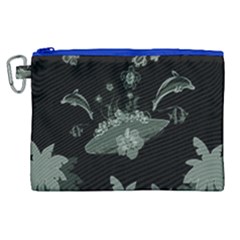 Surfboard With Dolphin, Flowers, Palm And Turtle Canvas Cosmetic Bag (xl) by FantasyWorld7