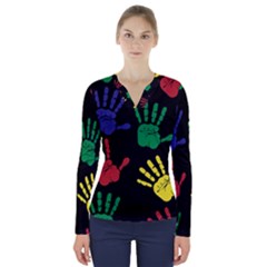 Handprints Hand Print Colourful V-neck Long Sleeve Top by Celenk