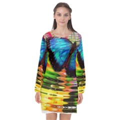 Blue Morphofalter Butterfly Insect Long Sleeve Chiffon Shift Dress  by Celenk