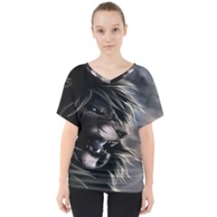 Angry Lion Digital Art Hd V-neck Dolman Drape Top by Celenk