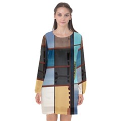 Glass Facade Colorful Architecture Long Sleeve Chiffon Shift Dress  by BangZart