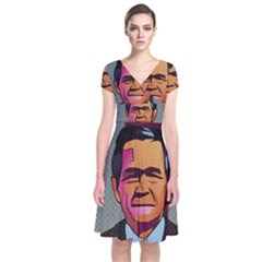 George W Bush Pop Art President Usa Short Sleeve Front Wrap Dress by BangZart