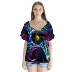 Abstract Art Color Design Lines V-neck Flutter Sleeve Top by Celenk