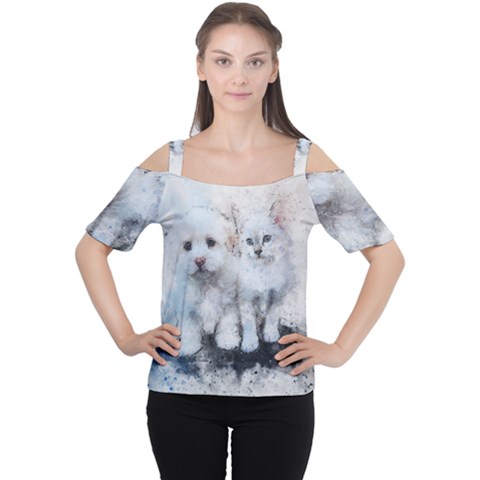 Cat Dog Cute Art Abstract Cutout Shoulder Tee by Celenk