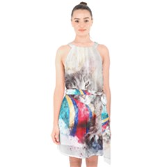 Cat Kitty Animal Art Abstract Halter Collar Waist Tie Chiffon Dress by Celenk