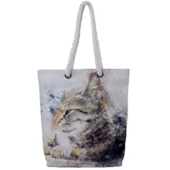 Cat Animal Art Abstract Watercolor Full Print Rope Handle Tote (small) by Celenk