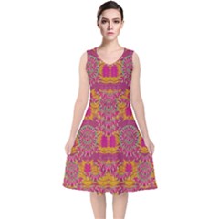 Fern Landscape In Harmony With Bleeding Hearts Fantasy Art V-neck Midi Sleeveless Dress  by pepitasart