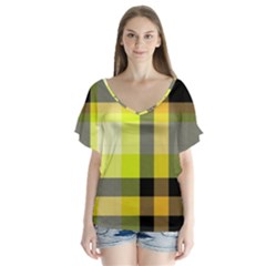 Tartan Abstract Background Pattern Textile 5 V-neck Flutter Sleeve Top by Celenk