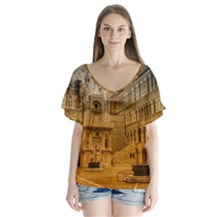 Palace Monument Architecture V-neck Flutter Sleeve Top by Celenk