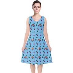 Winter Hat Red Green Hearts Snow Blue V-neck Midi Sleeveless Dress  by snowwhitegirl