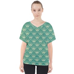 Teal,beige,art Nouveau,vintage,original,belle Époque,fan Pattern,geometric,elegant,chic V-neck Dolman Drape Top by NouveauDesign