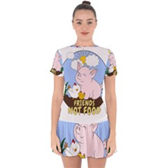 Friends Not Food - Cute Pig And Chicken Drop Hem Mini Chiffon Dress by Valentinaart