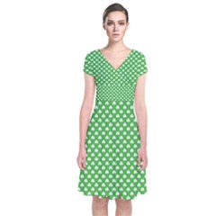 White Heart-shaped Clover On Green St  Patrick s Day Short Sleeve Front Wrap Dress by PodArtist