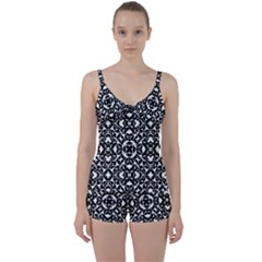 Black And White Geometric Pattern Tie Front Two Piece Tankini by dflcprints