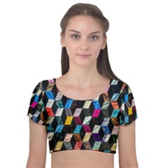 Abstract Multicolor Cubes 3d Quilt Fabric Velvet Short Sleeve Crop Top  by Sapixe