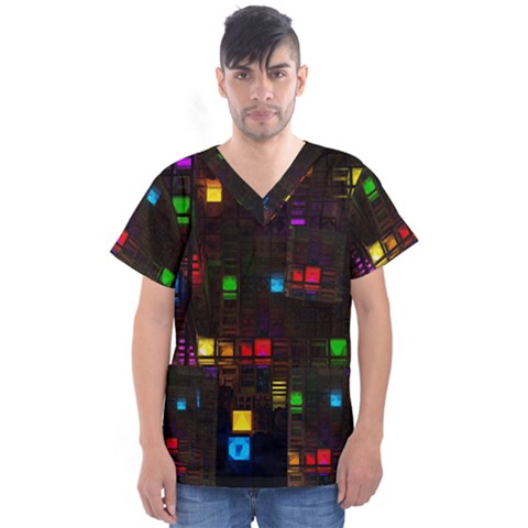 Abstract 3d Cg Digital Art Colors Cubes Square Shapes Pattern Dark Men s V-neck Scrub Top by Sapixe