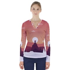 Design Art Hill Hut Landscape V-neck Long Sleeve Top by Nexatart