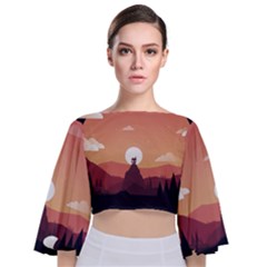 Design Art Hill Hut Landscape Tie Back Butterfly Sleeve Chiffon Top by Nexatart