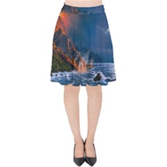 Eruption Of Volcano Sea Full Moon Fantasy Art Velvet High Waist Skirt by Sapixe