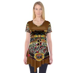 Tattoo Art Print Traditional Artwork Lighthouse Wave Short Sleeve Tunic  by Sapixe
