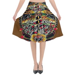 Tattoo Art Print Traditional Artwork Lighthouse Wave Flared Midi Skirt by Sapixe