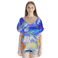 Dscf1385 - Sunflowers In Ceramic Jur V-neck Flutter Sleeve Top by bestdesignintheworld