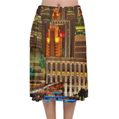 Shanghai Skyline Architecture Velvet Flared Midi Skirt by Simbadda