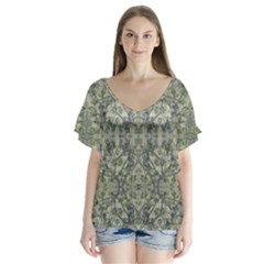 Modern Noveau Floral Collage Pattern V-neck Flutter Sleeve Top by dflcprints