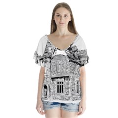 Line Art Architecture Old House V-neck Flutter Sleeve Top by Sapixe