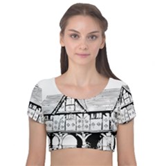 Line Art Architecture Vintage Old Velvet Short Sleeve Crop Top  by Sapixe