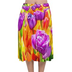 Tulip Flowers Velvet Flared Midi Skirt by FunnyCow