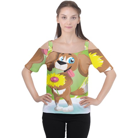 Dog Character Animal Flower Cute Cutout Shoulder Tee by Sapixe