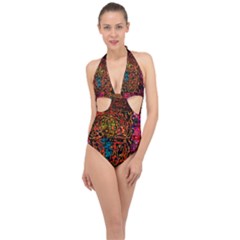 Exotic Water Colors Vibrant  Halter Front Plunge Swimsuit by flipstylezfashionsLLC