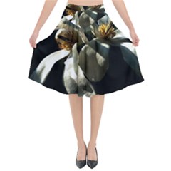 Two White Magnolia Flowers Flared Midi Skirt by FunnyCow