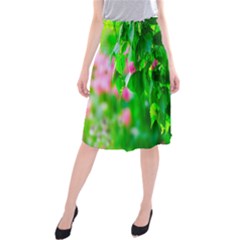 Green Birch Leaves, Pink Flowers Midi Beach Skirt by FunnyCow