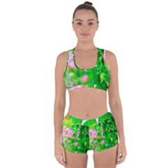 Green Birch Leaves, Pink Flowers Racerback Boyleg Bikini Set by FunnyCow