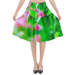Green Birch Leaves, Pink Flowers Flared Midi Skirt by FunnyCow